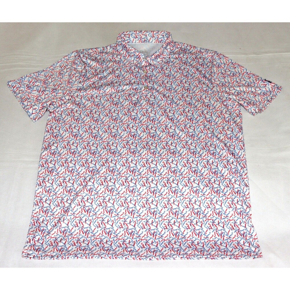 Huk Pursuit Men's Printed Polo Shirt Fishing Lures Red Blue Short Sleeve Size L